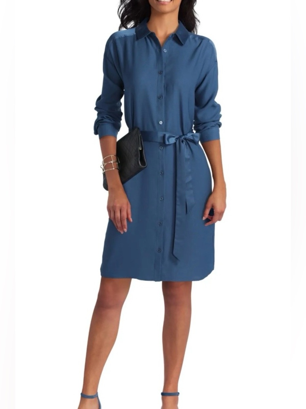 Halston Heritage Blue Button-Front Midi Shirt Dress with Waist Tie size L